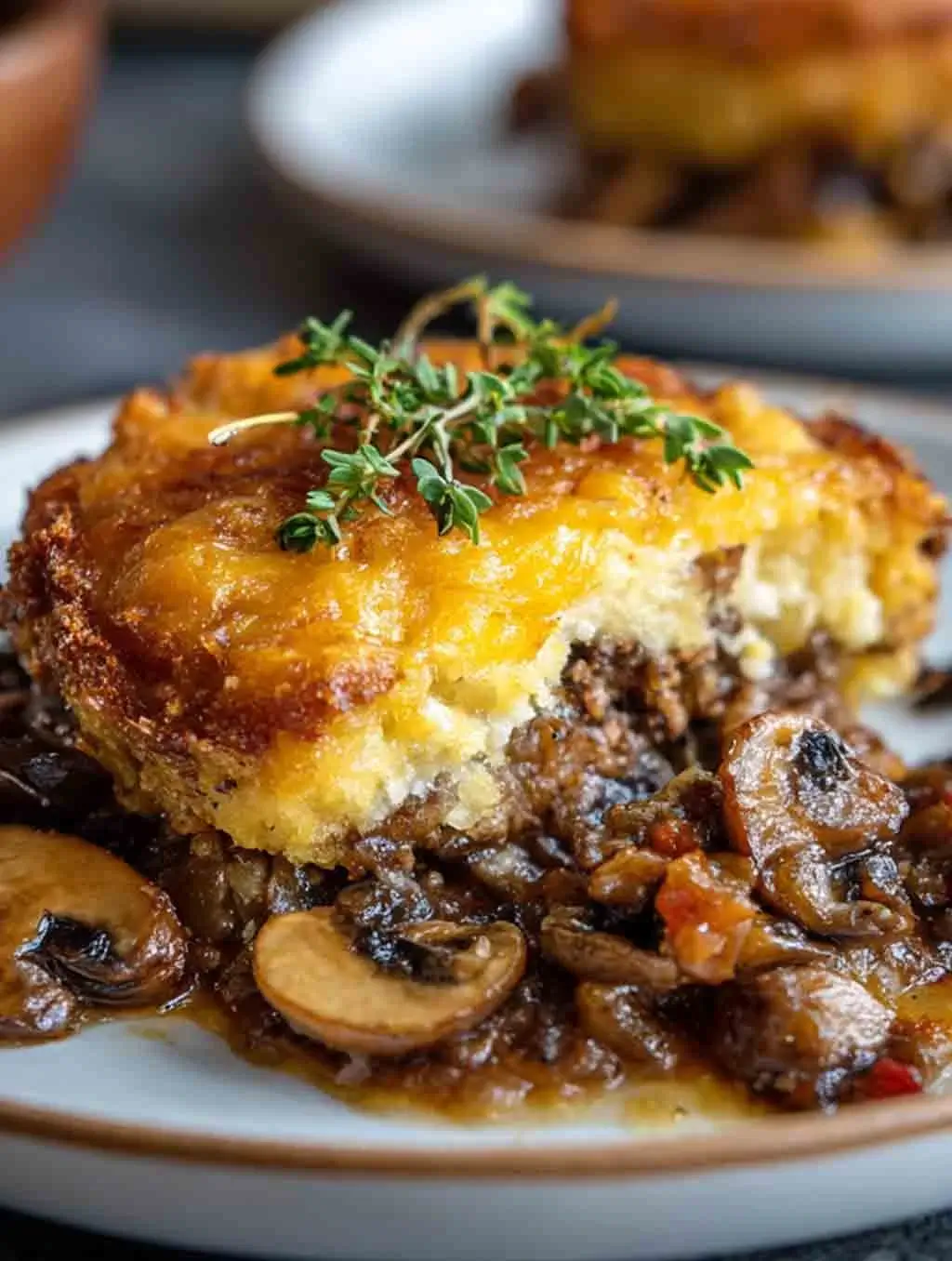 Close-up of a cheesy hamburger mushroom bake topped with golden melted cheese and fresh thyme, served on a plate with rich mushroom and ground beef filling.