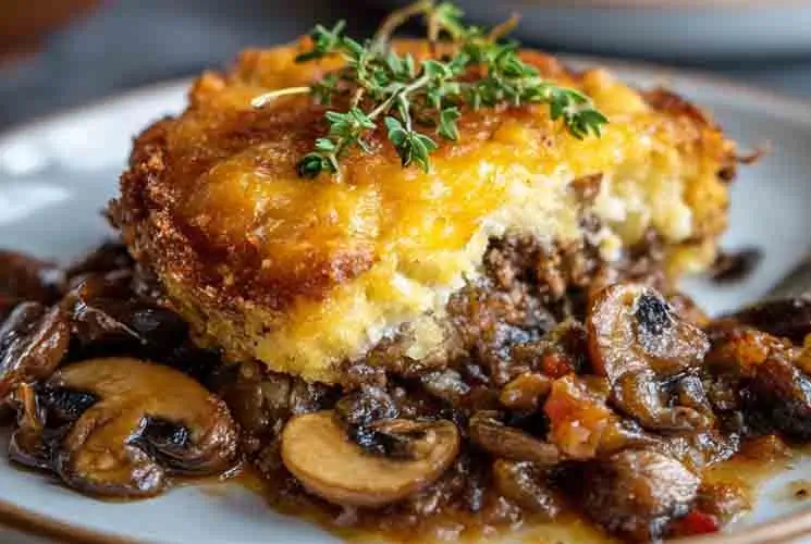 Golden-baked hamburger mushroom casserole topped with melted cheese and fresh thyme, served on a plate with savory mushrooms and beef in a rich brown sauce.