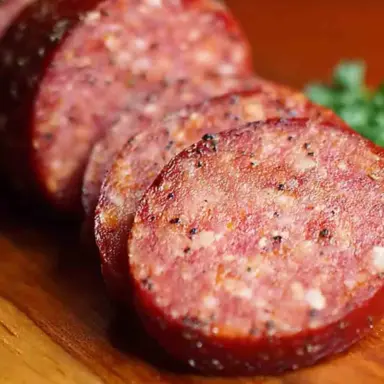Close-up of sliced homemade summer sausage with visible spices and fat marbling, arranged on a wooden cutting board with parsley garnish in the background.