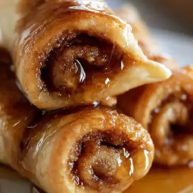 Close-up of golden-brown Honey Cinnamon Roll-Ups drizzled with honey, showing their crispy edges and gooey cinnamon-sugar center, stacked on a white plate.