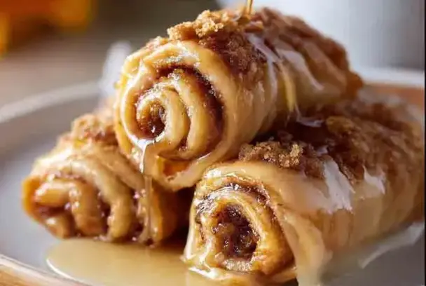 Three honey-drizzled cinnamon roll-ups stacked on a plate, with golden swirls of cinnamon sugar and melted brown sugar topping glistening under warm light.