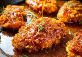 Close-up of crispy golden Hot Honey Chicken drizzled with sticky spicy honey sauce and garnished with rosemary in a skillet.