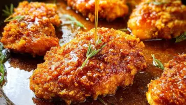 Close-up of crispy golden Hot Honey Chicken drizzled with sticky spicy honey sauce and garnished with rosemary in a skillet.