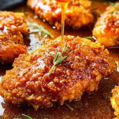 Close-up of crispy golden Hot Honey Chicken drizzled with sticky spicy honey sauce and garnished with rosemary in a skillet.