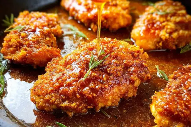 Close-up of crispy golden Hot Honey Chicken drizzled with sticky spicy honey sauce and garnished with rosemary in a skillet.