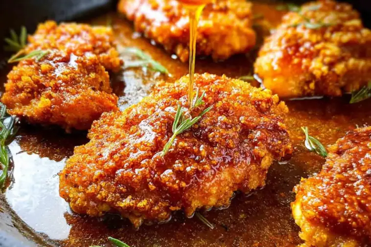 Close-up of crispy golden Hot Honey Chicken drizzled with sticky spicy honey sauce and garnished with rosemary in a skillet.