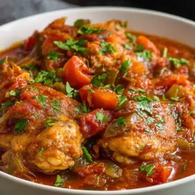 Close-up of Instant Pot Chicken Cacciatore in a white bowl, featuring tender chicken pieces, chunky tomatoes, bell peppers, and herbs in a rich red sauce.