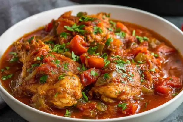 Close-up of Instant Pot Chicken Cacciatore in a white bowl, featuring tender chicken pieces, chunky tomatoes, bell peppers, and herbs in a rich red sauce.