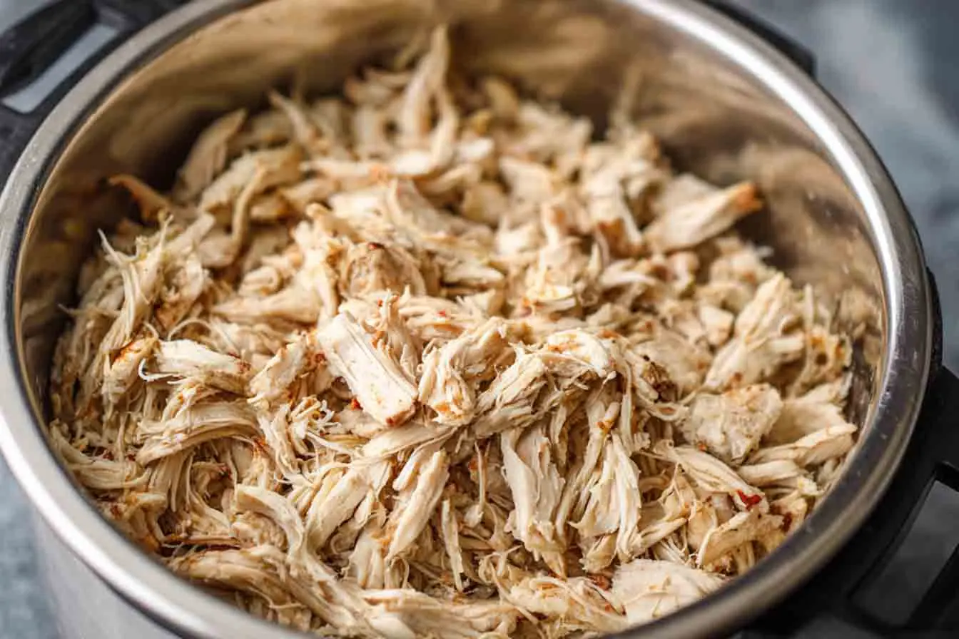 Cooked shredded chicken inside an Instant Pot, showing juicy, tender texture ideal for meal prep, tacos, wraps, or salads.