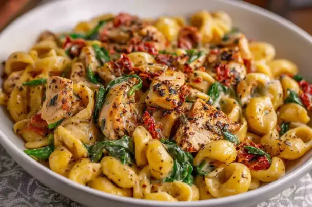 A creamy bowl of Instant Pot Tuscan Chicken Pasta featuring golden seared chicken, sun-dried tomatoes, spinach, and pasta in a rich, cheesy garlic sauce.