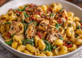 A creamy bowl of Instant Pot Tuscan Chicken Pasta featuring golden seared chicken, sun-dried tomatoes, spinach, and pasta in a rich, cheesy garlic sauce.