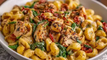 A creamy bowl of Instant Pot Tuscan Chicken Pasta featuring golden seared chicken, sun-dried tomatoes, spinach, and pasta in a rich, cheesy garlic sauce.