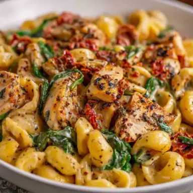 A creamy bowl of Instant Pot Tuscan Chicken Pasta featuring golden seared chicken, sun-dried tomatoes, spinach, and pasta in a rich, cheesy garlic sauce.