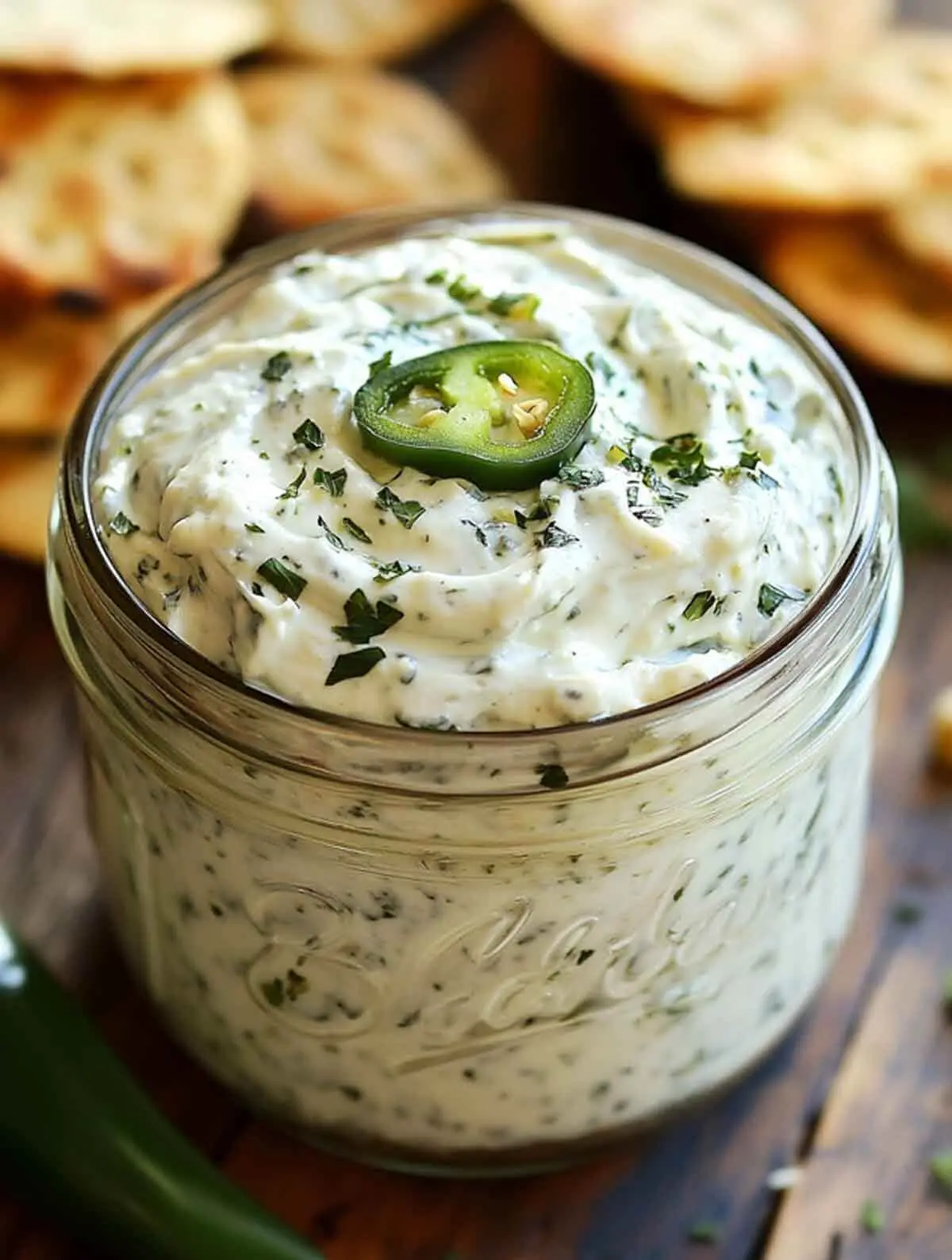 A glass mason jar filled with creamy jalapeño cream cheese dip, garnished with chopped herbs and sliced jalapeño, surrounded by toasted crackers.
