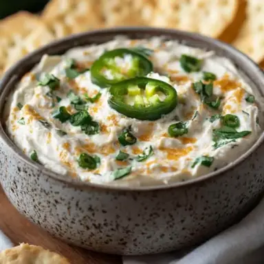 A rustic bowl of creamy jalapeño cream cheese dip garnished with sliced jalapeños and fresh herbs, served with crispy round crackers on a wooden board.