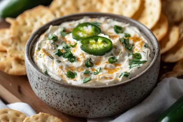 A rustic bowl of creamy jalapeño cream cheese dip garnished with sliced jalapeños and fresh herbs, served with crispy round crackers on a wooden board.