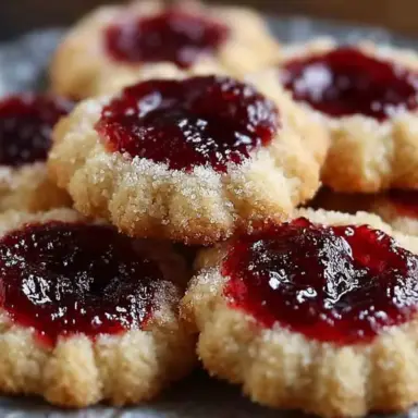 Close-up of golden, sugar-coated jelly thumbprint cookies filled with glossy red jam, arranged on a vintage silver tray — a perfect holiday or tea-time treat.