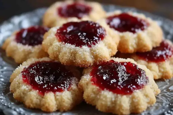 Close-up of golden, sugar-coated jelly thumbprint cookies filled with glossy red jam, arranged on a vintage silver tray — a perfect holiday or tea-time treat.