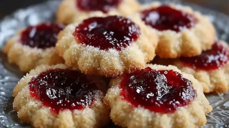 Close-up of golden, sugar-coated jelly thumbprint cookies filled with glossy red jam, arranged on a vintage silver tray — a perfect holiday or tea-time treat.