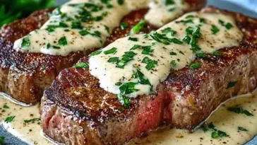 Two thick, pan-seared steaks topped with creamy garlic sauce and garnished with fresh parsley, served on a plate with sauce pooled around the meat.