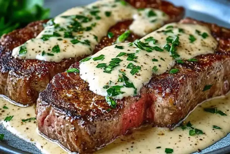 Two thick, pan-seared steaks topped with creamy garlic sauce and garnished with fresh parsley, served on a plate with sauce pooled around the meat.