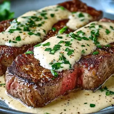 Close-up of juicy, medium-rare steak topped with creamy garlic sauce and fresh parsley, served on a gray plate with sauce pooling around.