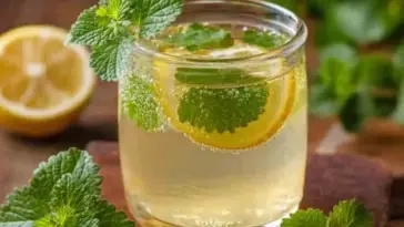 Glass of refreshing lemon balm tea with lemon slices and fresh lemon balm leaves on a wooden table