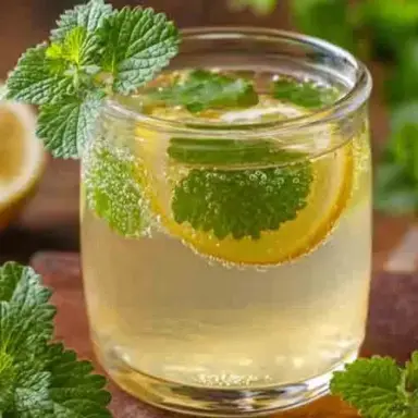 Glass of refreshing lemon balm tea with lemon slices and fresh lemon balm leaves on a wooden table