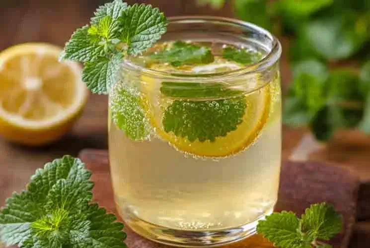 Glass of refreshing lemon balm tea with lemon slices and fresh lemon balm leaves on a wooden table