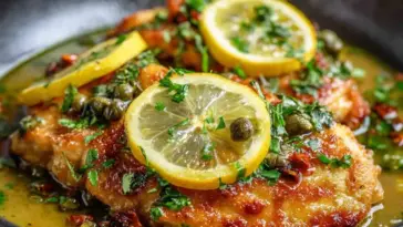 Close-up of Lemon Chicken Piccata with golden-brown chicken cutlets topped with lemon slices, fresh parsley, and capers in a rich lemon-butter sauce.