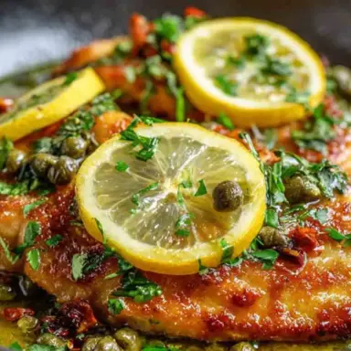Close-up of Lemon Chicken Piccata with golden-brown chicken cutlets topped with lemon slices, fresh parsley, and capers in a rich lemon-butter sauce.