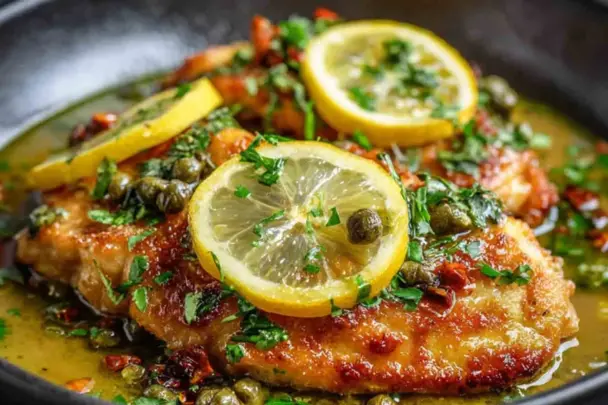 Close-up of Lemon Chicken Piccata with golden-brown chicken cutlets topped with lemon slices, fresh parsley, and capers in a rich lemon-butter sauce.