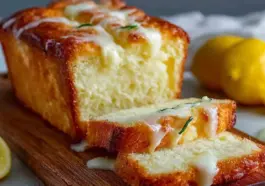 Close-up of sliced lemon cream cheese bread drizzled with lemon glaze, showing a soft, moist crumb and golden crust, with fresh lemons in the background.