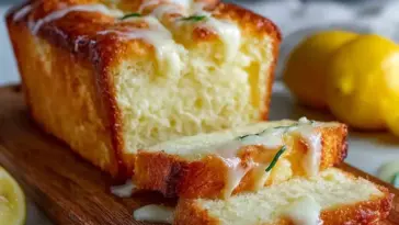 Close-up of sliced lemon cream cheese bread drizzled with lemon glaze, showing a soft, moist crumb and golden crust, with fresh lemons in the background.