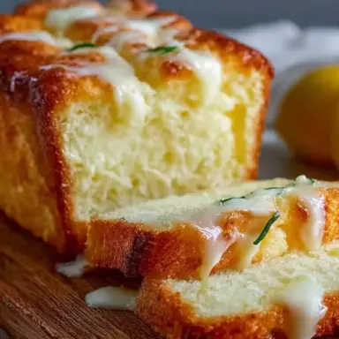 Close-up of sliced lemon cream cheese bread drizzled with lemon glaze, showing a soft, moist crumb and golden crust, with fresh lemons in the background.