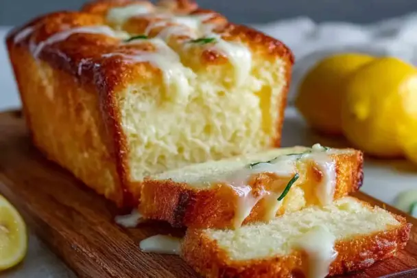 Close-up of sliced lemon cream cheese bread drizzled with lemon glaze, showing a soft, moist crumb and golden crust, with fresh lemons in the background.
