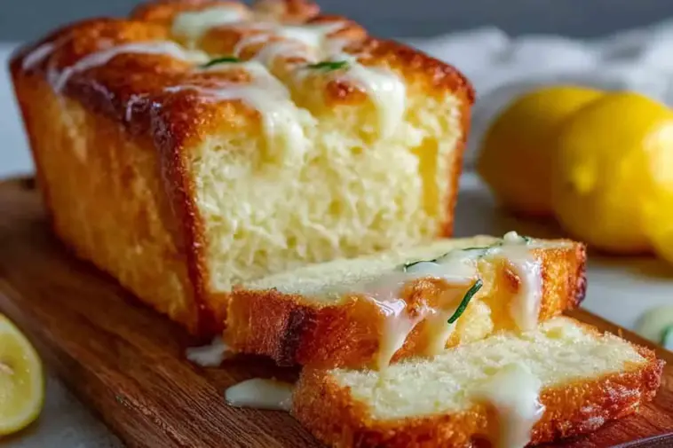 Close-up of sliced lemon cream cheese bread drizzled with lemon glaze, showing a soft, moist crumb and golden crust, with fresh lemons in the background.