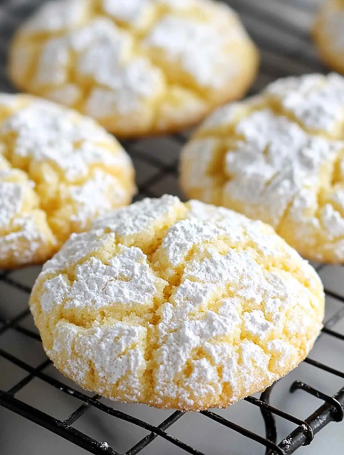 Freshly baked lemon crinkle cookies cooling on a wire rack, dusted generously with powdered sugar and featuring signature crackled tops.