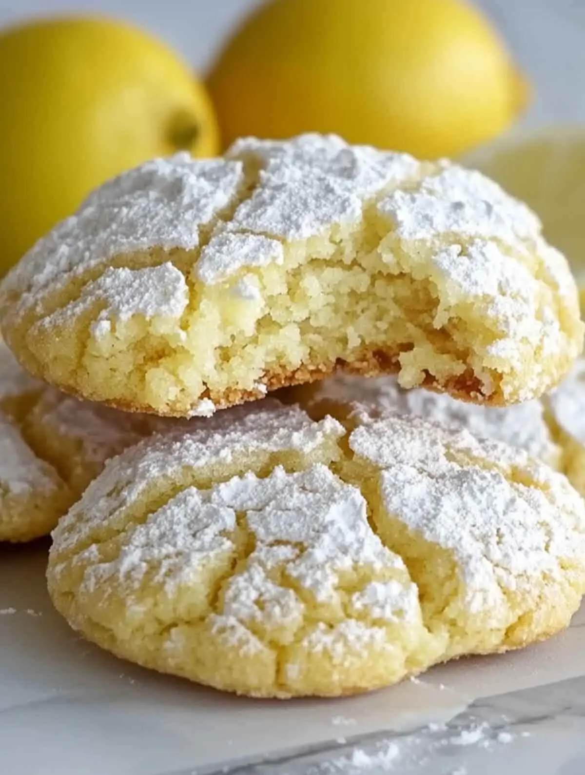 Close-up of a lemon crinkle cookie with a bite taken out, showing a soft, moist interior and crackled powdered sugar top, with lemons in the background.