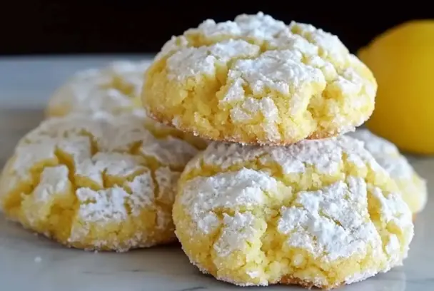 Close-up of freshly baked lemon crinkle cookies dusted with powdered sugar, showing their soft, cracked tops and vibrant yellow color.