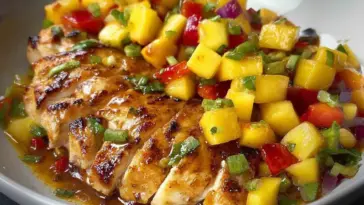 Grilled lemon ginger chicken breast sliced and topped with colorful mango salsa made of diced mango, red bell pepper, red onion, and fresh herbs, served on a white plate.