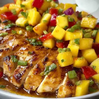 Grilled lemon ginger chicken breast sliced and topped with colorful mango salsa made of diced mango, red bell pepper, red onion, and fresh herbs, served on a white plate.