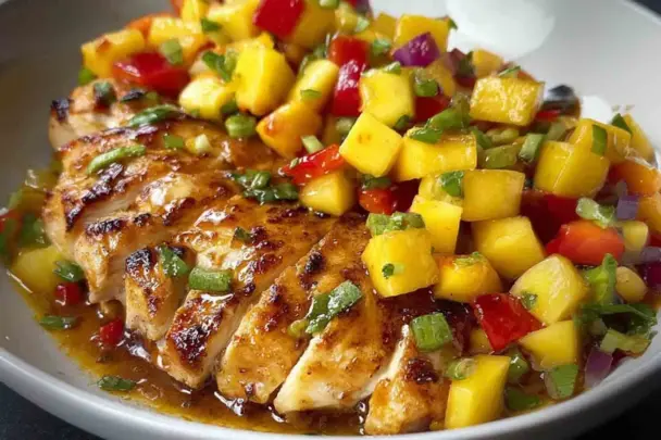 Grilled lemon ginger chicken breast sliced and topped with colorful mango salsa made of diced mango, red bell pepper, red onion, and fresh herbs, served on a white plate.