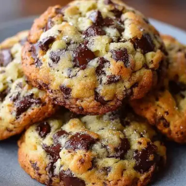 A close-up of thick, golden-brown Levain-style chocolate chip cookies stacked on a plate, bursting with chunks of semi-sweet chocolate and a crisp, rustic texture.