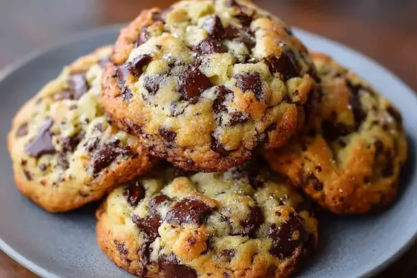 A close-up of thick, golden-brown Levain-style chocolate chip cookies stacked on a plate, bursting with chunks of semi-sweet chocolate and a crisp, rustic texture.