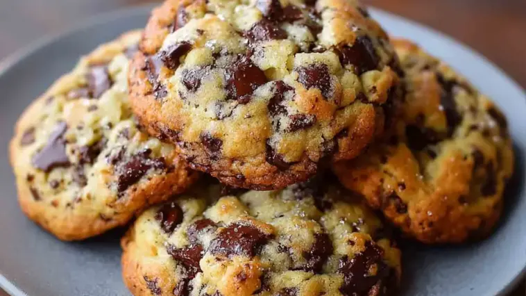 A close-up of thick, golden-brown Levain-style chocolate chip cookies stacked on a plate, bursting with chunks of semi-sweet chocolate and a crisp, rustic texture.