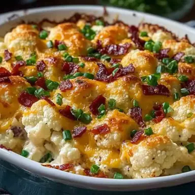 A golden-baked dish of Loaded Cauliflower Bake topped with melted cheddar cheese, crispy bacon pieces, and chopped green onions in a white baking dish.