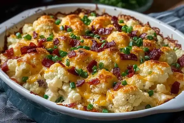A golden-baked dish of Loaded Cauliflower Bake topped with melted cheddar cheese, crispy bacon pieces, and chopped green onions in a white baking dish.