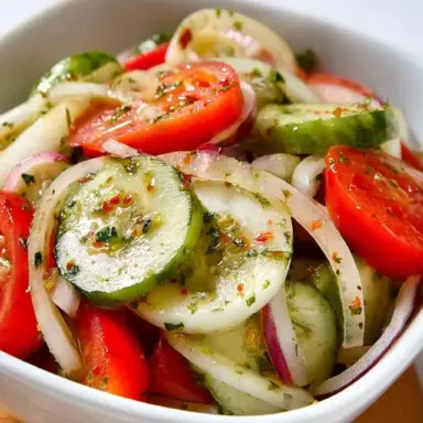 A white bowl filled with sliced cucumbers, tomatoes, and red onions marinated in a light vinaigrette with herbs, served as a fresh summer salad.