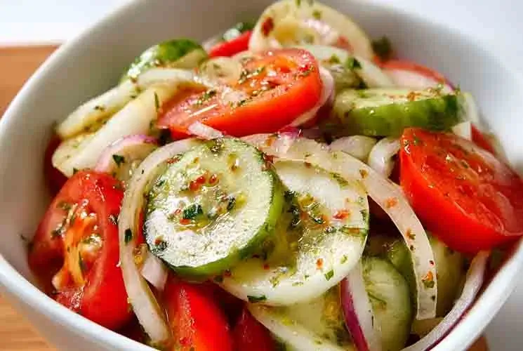 A close-up of a vibrant marinated salad featuring sliced cucumbers, tomatoes, and onions coated in a herb vinaigrette, served in a white bowl.